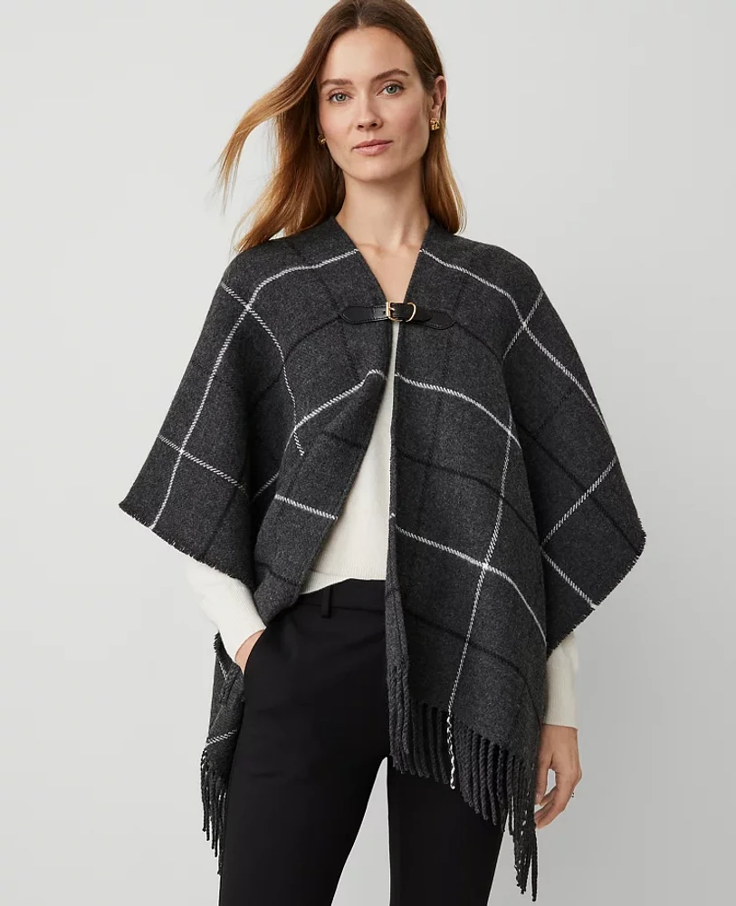 Ann Taylor Buckle Plaid Open Poncho Quiet Shade Grey Women's