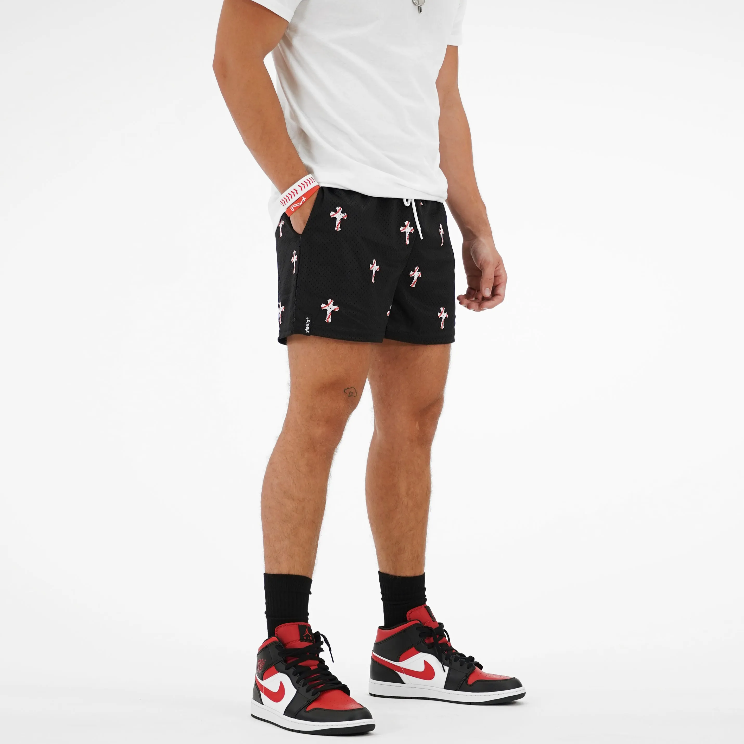 Baseball Cross Pattern Black Shorts - 5