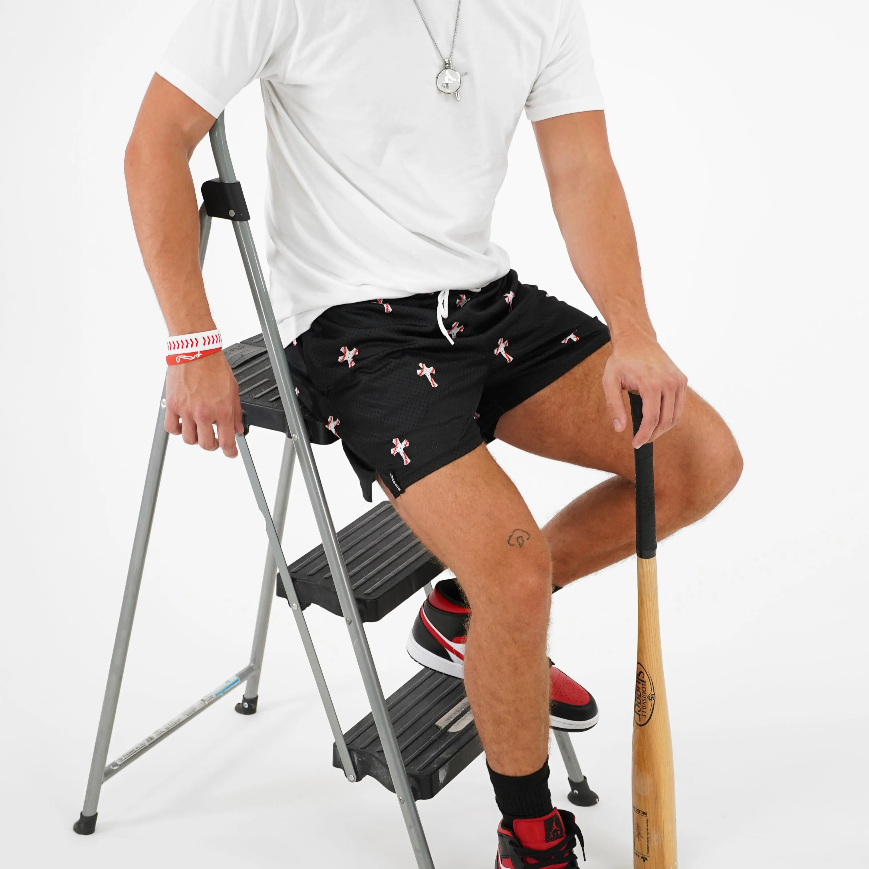 Baseball Cross Pattern Black Shorts - 5