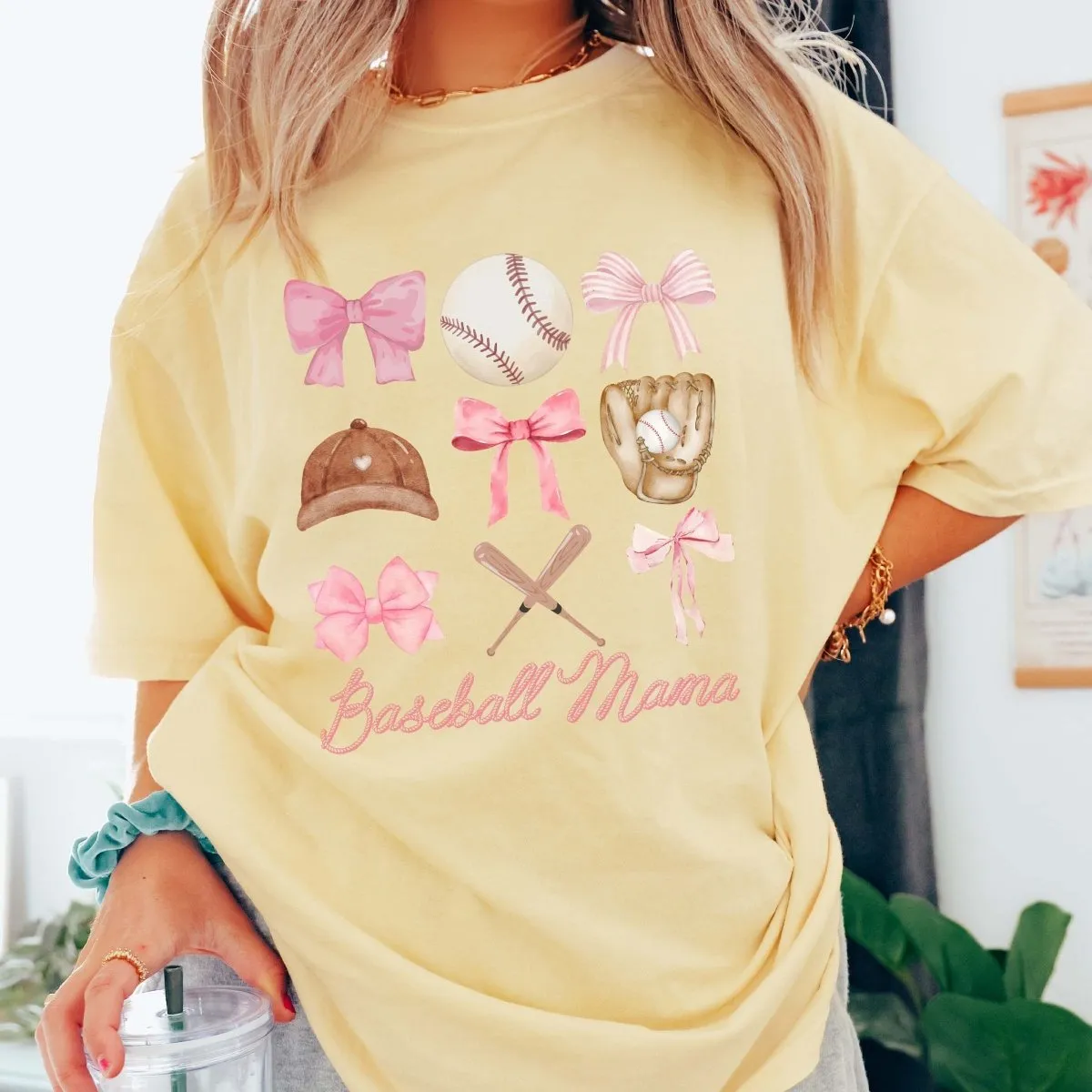 Baseball Mama Bow Collage Comfort Color Tee