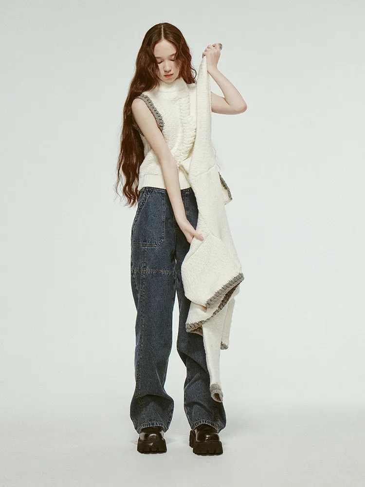 Bi-Color Hand-Knitting Retro High-Neck Cable-Knit Vest