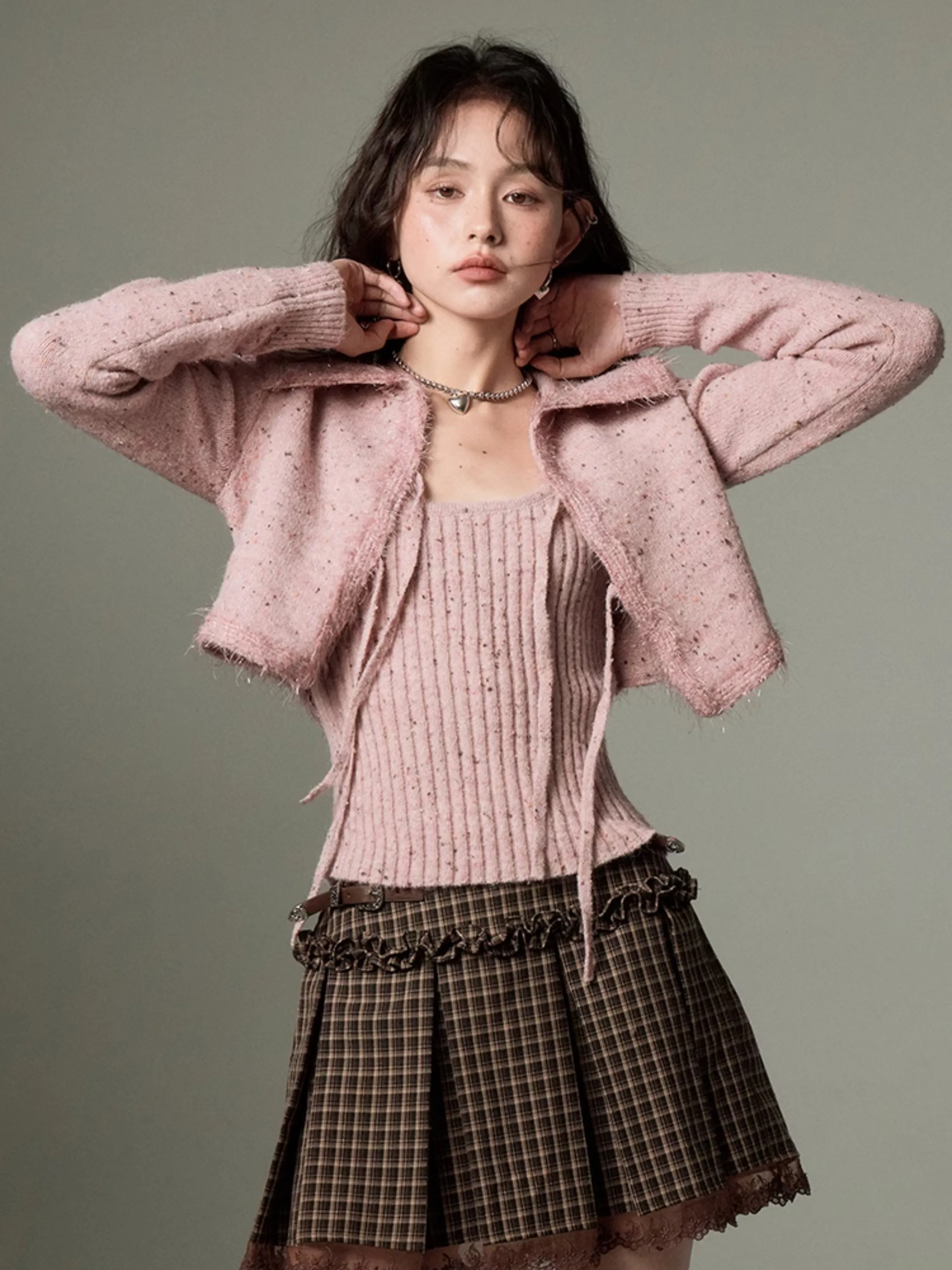 Big Collar Cropped Knitted Cardigan & Camisole Set-up