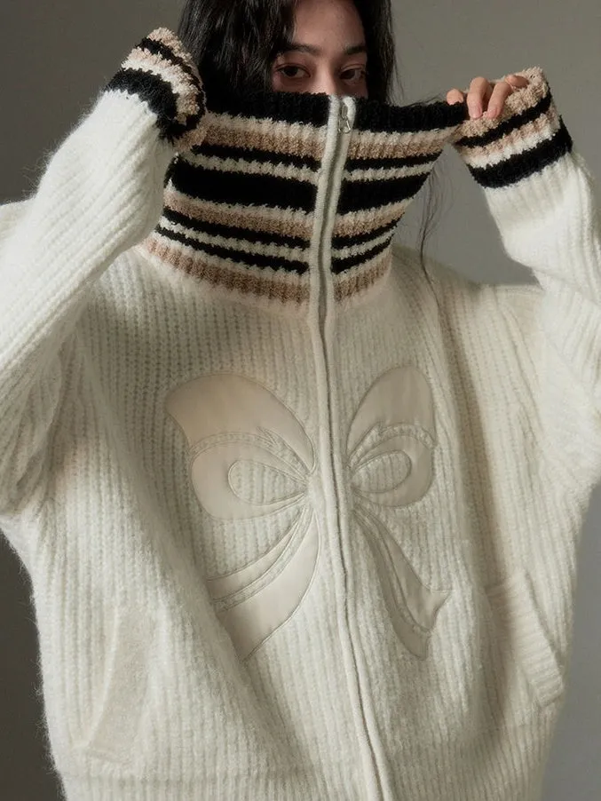 Bow High-neck Knitted Cardigan