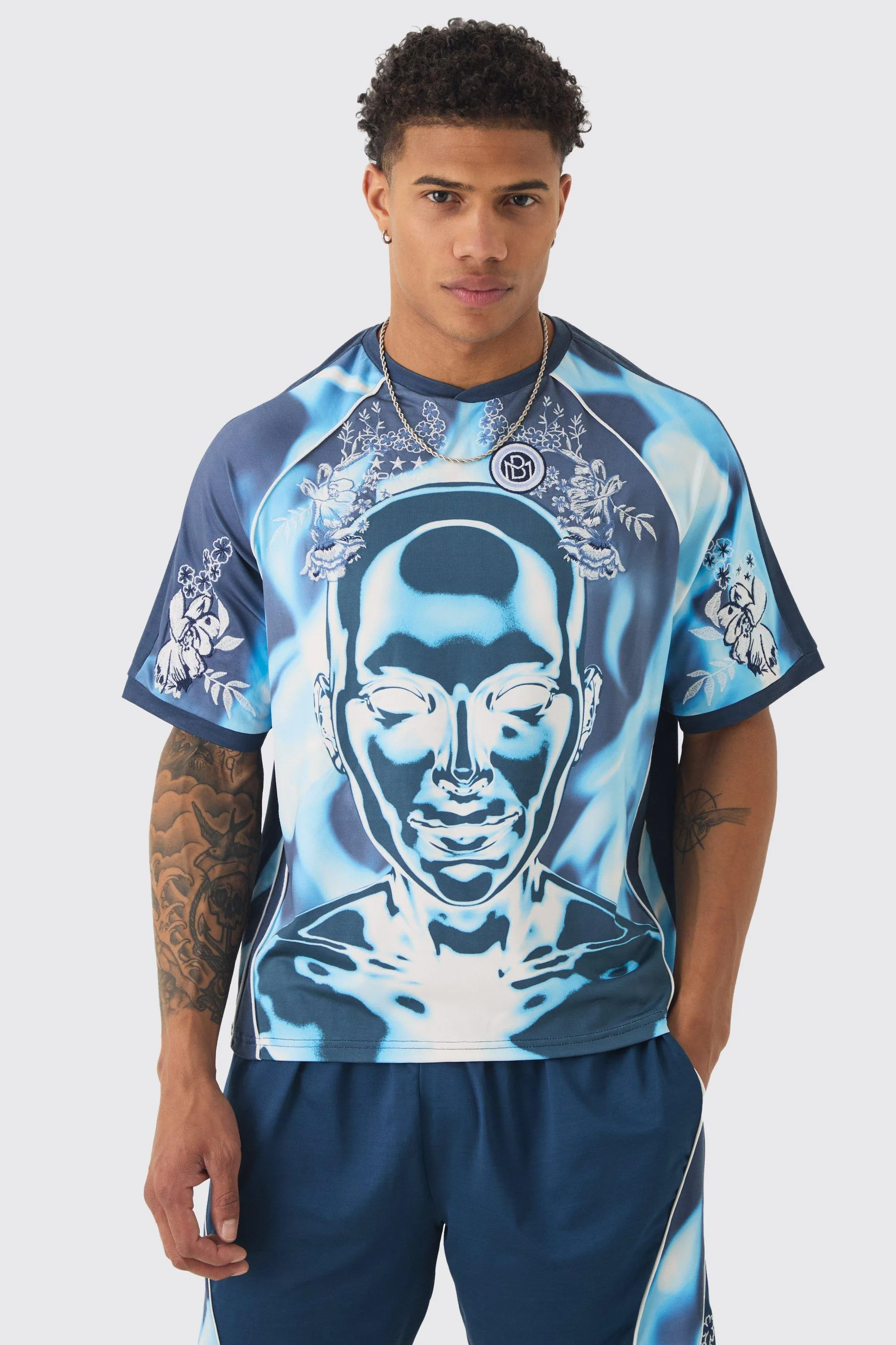 Boxy Floral Embroidered Football T-shirt | boohooMAN UK