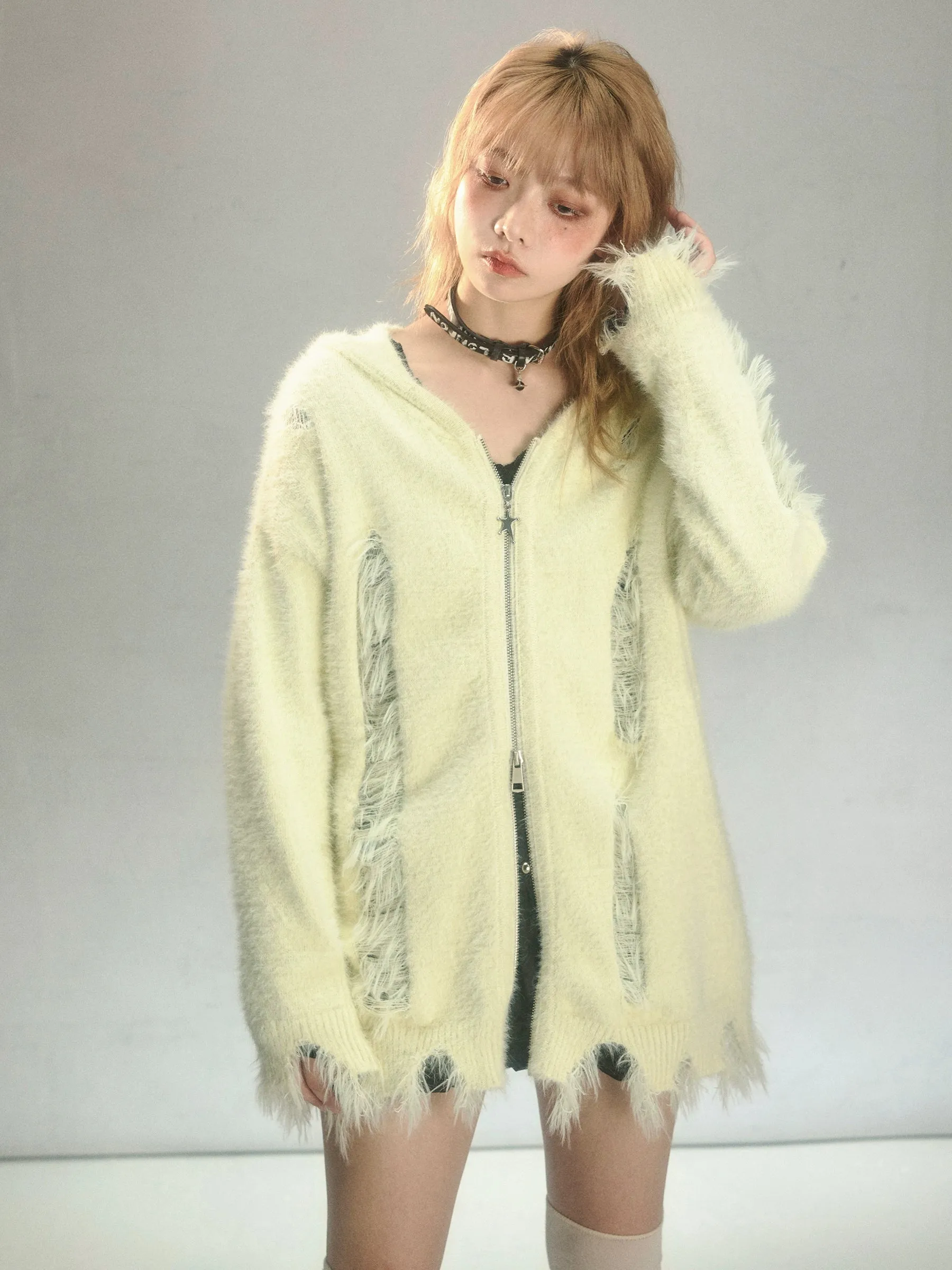 Bunny Ears Ripped Hooded Knitted Cardigan