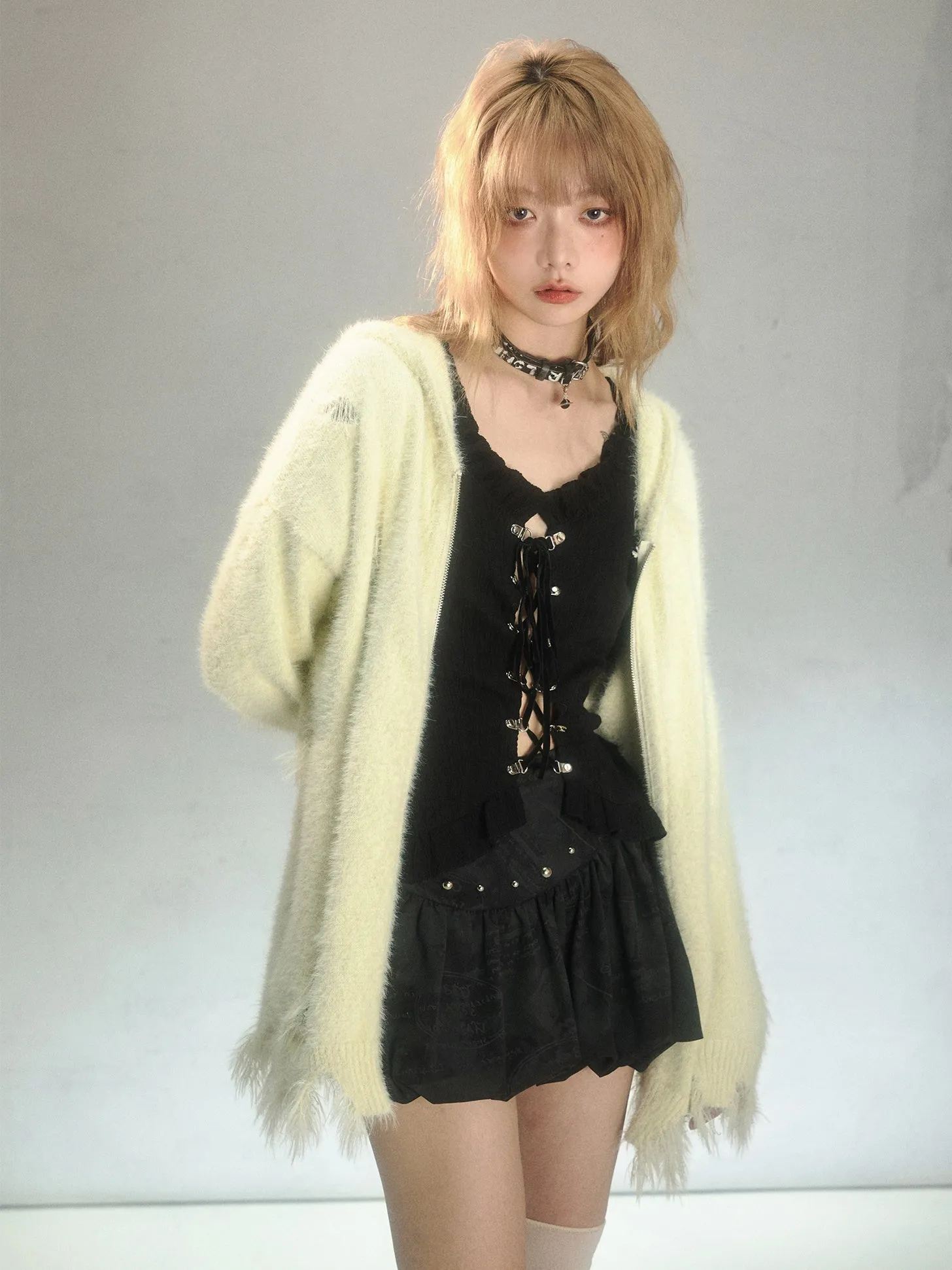 Bunny Ears Ripped Hooded Knitted Cardigan