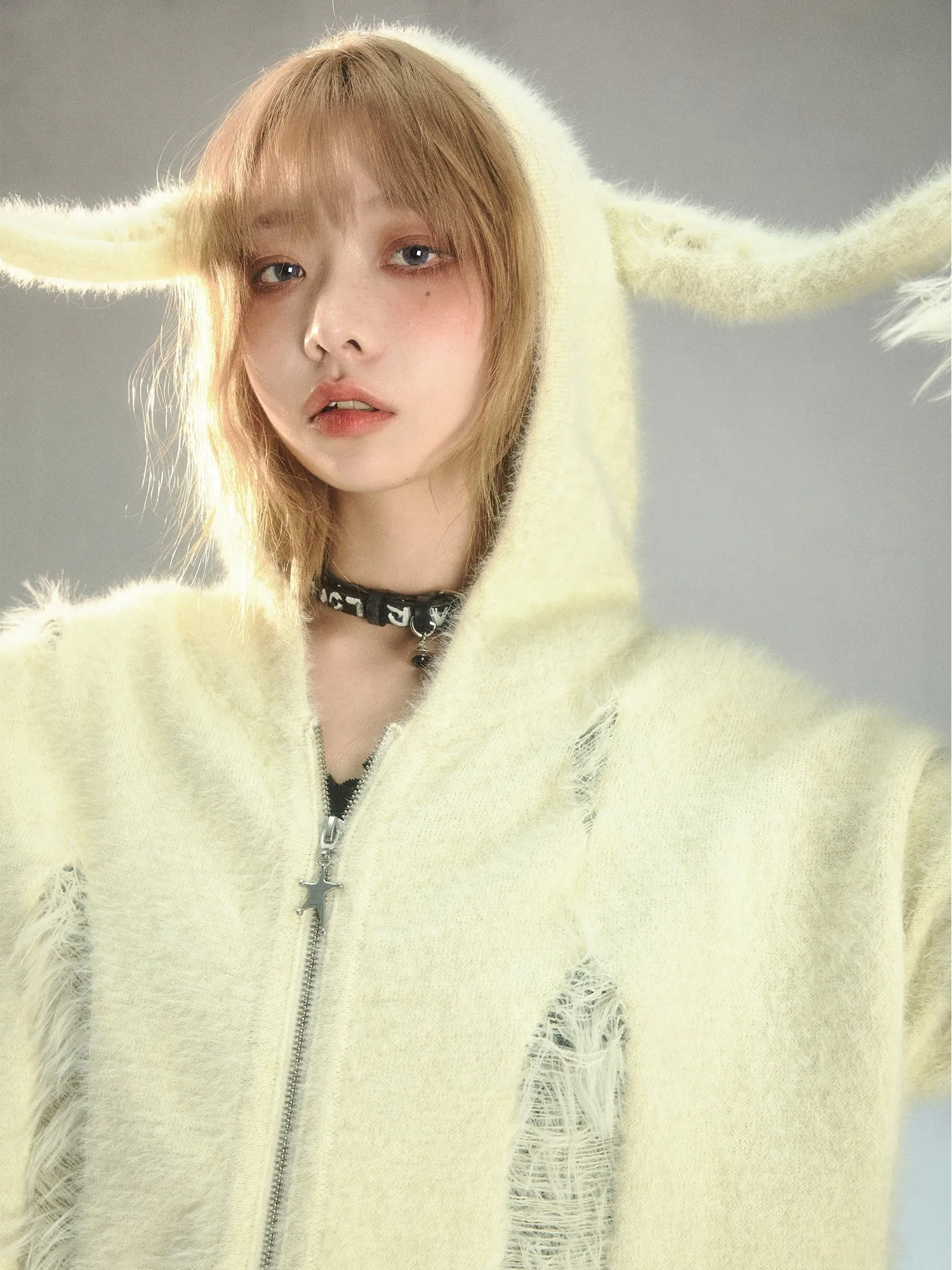 Bunny Ears Ripped Hooded Knitted Cardigan