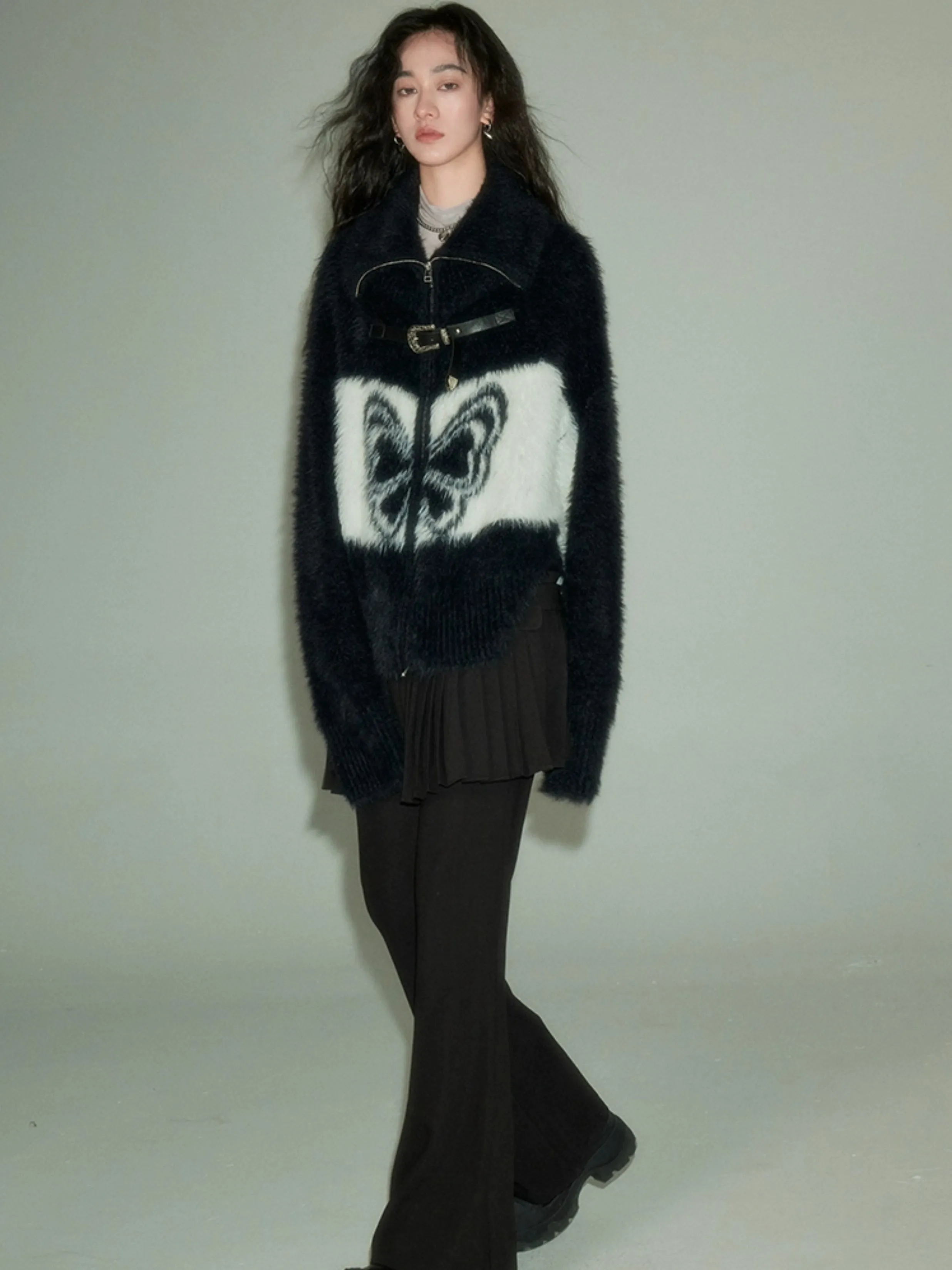 Butterfly Pattern Imitation Mink Knitted Cardigan