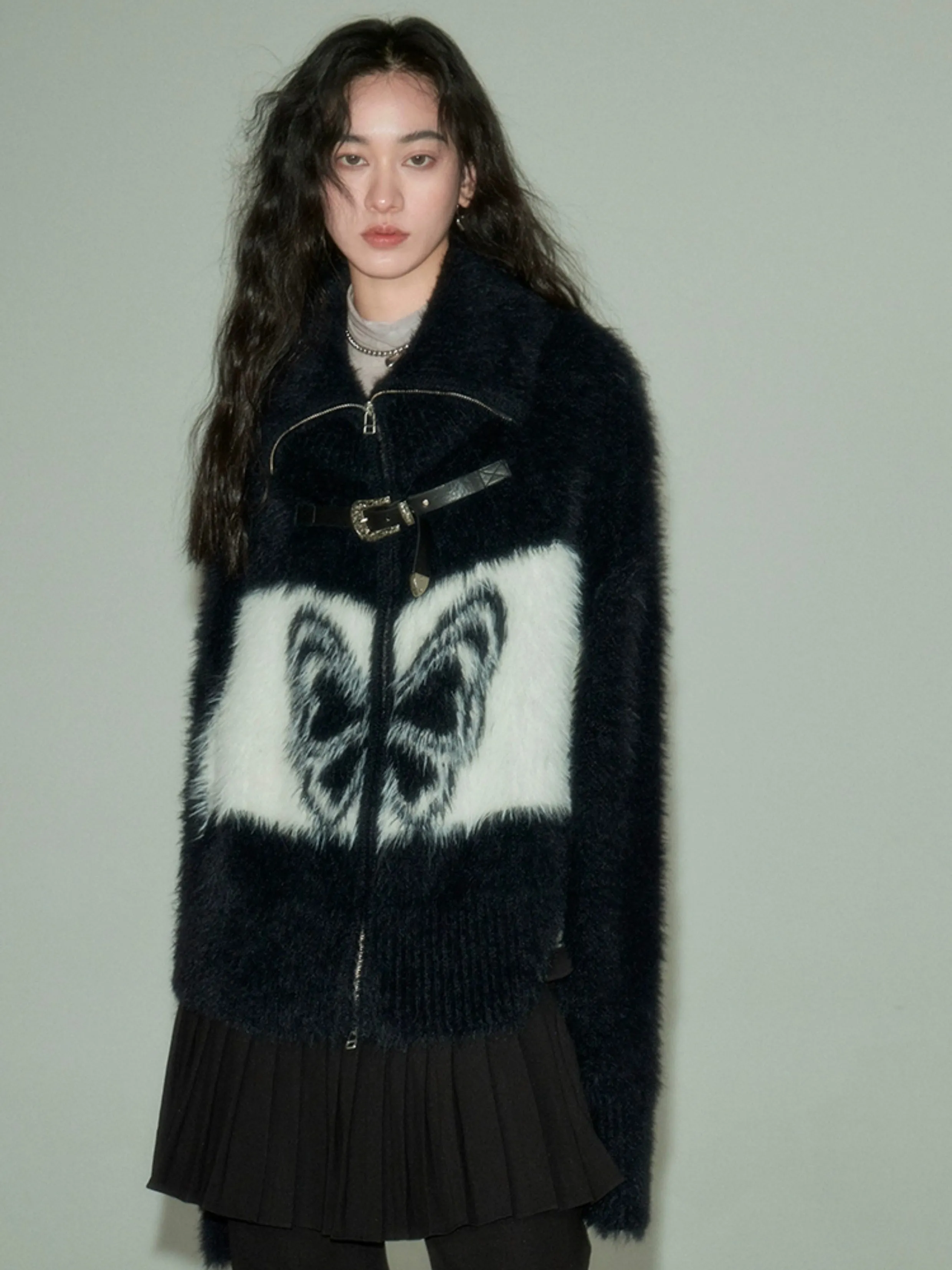 Butterfly Pattern Imitation Mink Knitted Cardigan