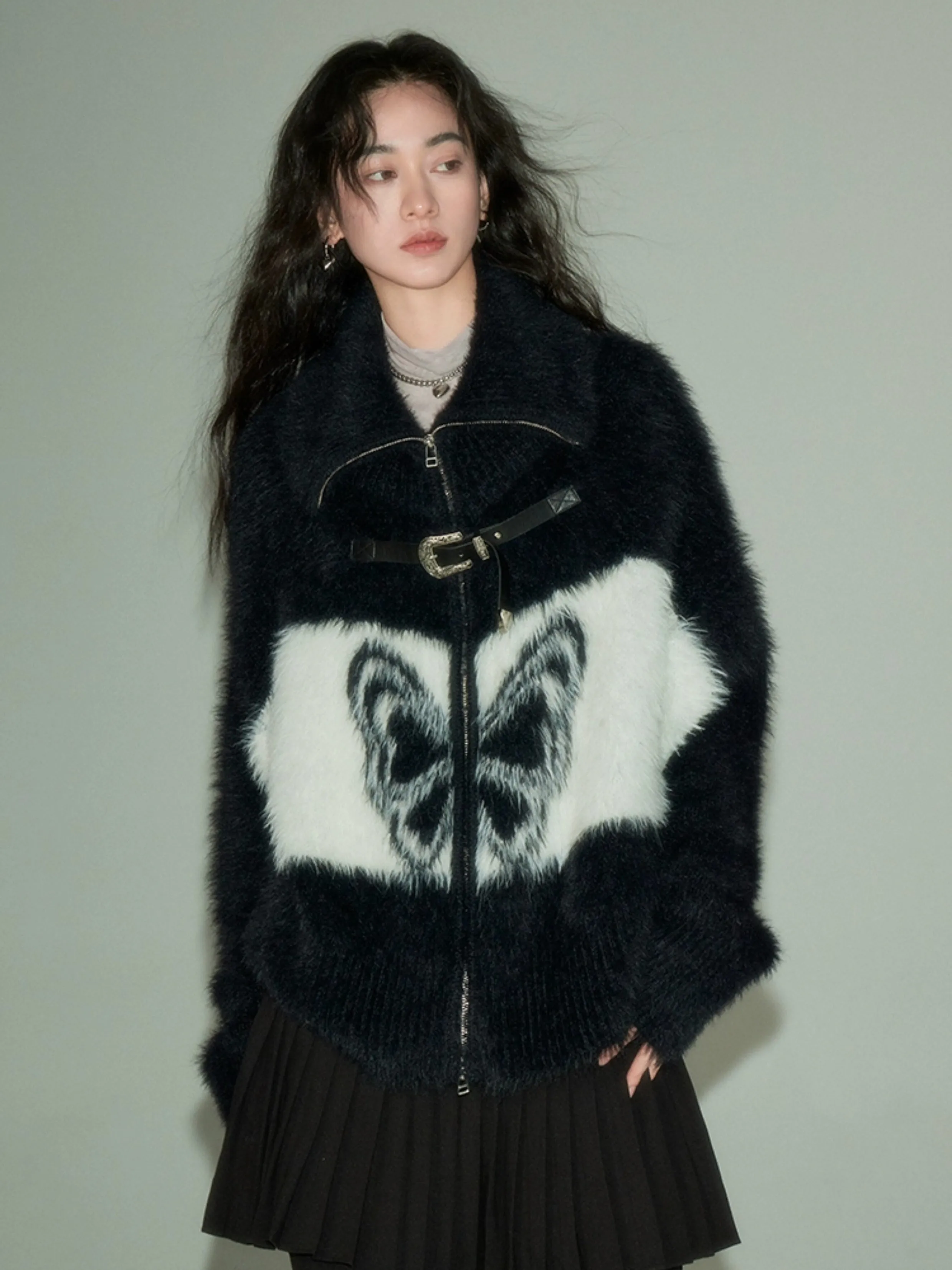 Butterfly Pattern Imitation Mink Knitted Cardigan