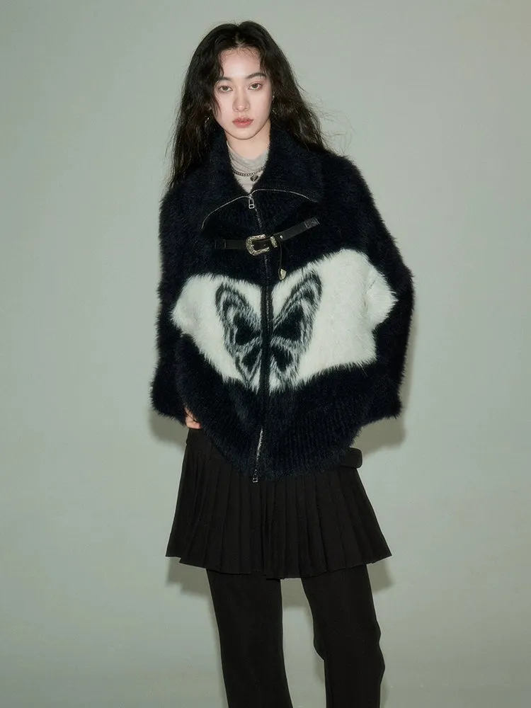 Butterfly Pattern Imitation Mink Knitted Cardigan