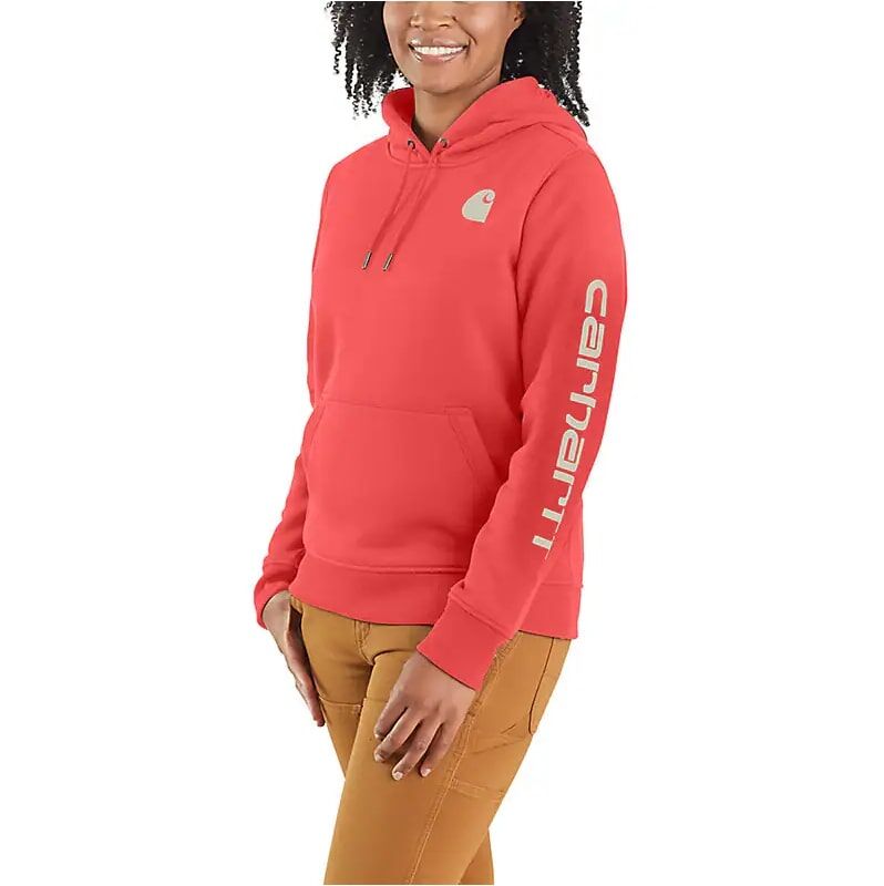 Carhartt Women's Relaxed Fit Midweight Logo Sleeve Graphic Hoodie in Coral Glow