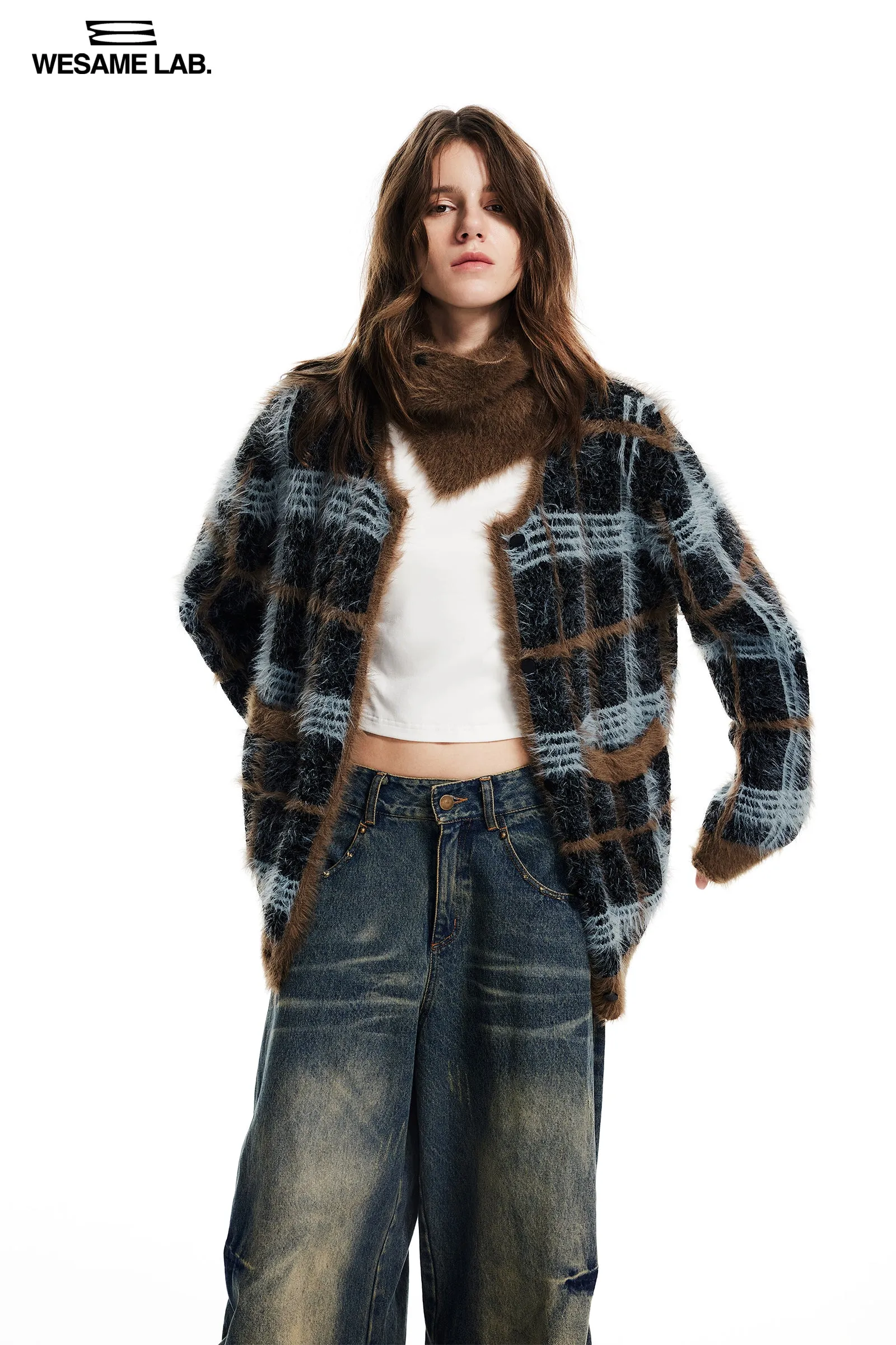 Checked Fluffily Knit Retro Round-Neck Casual Loose Cardigan