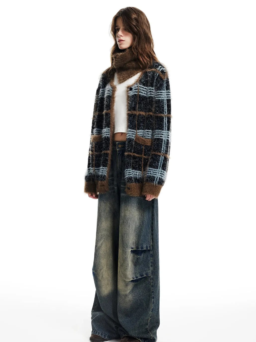 Checked Fluffily Knit Retro Round-Neck Casual Loose Cardigan