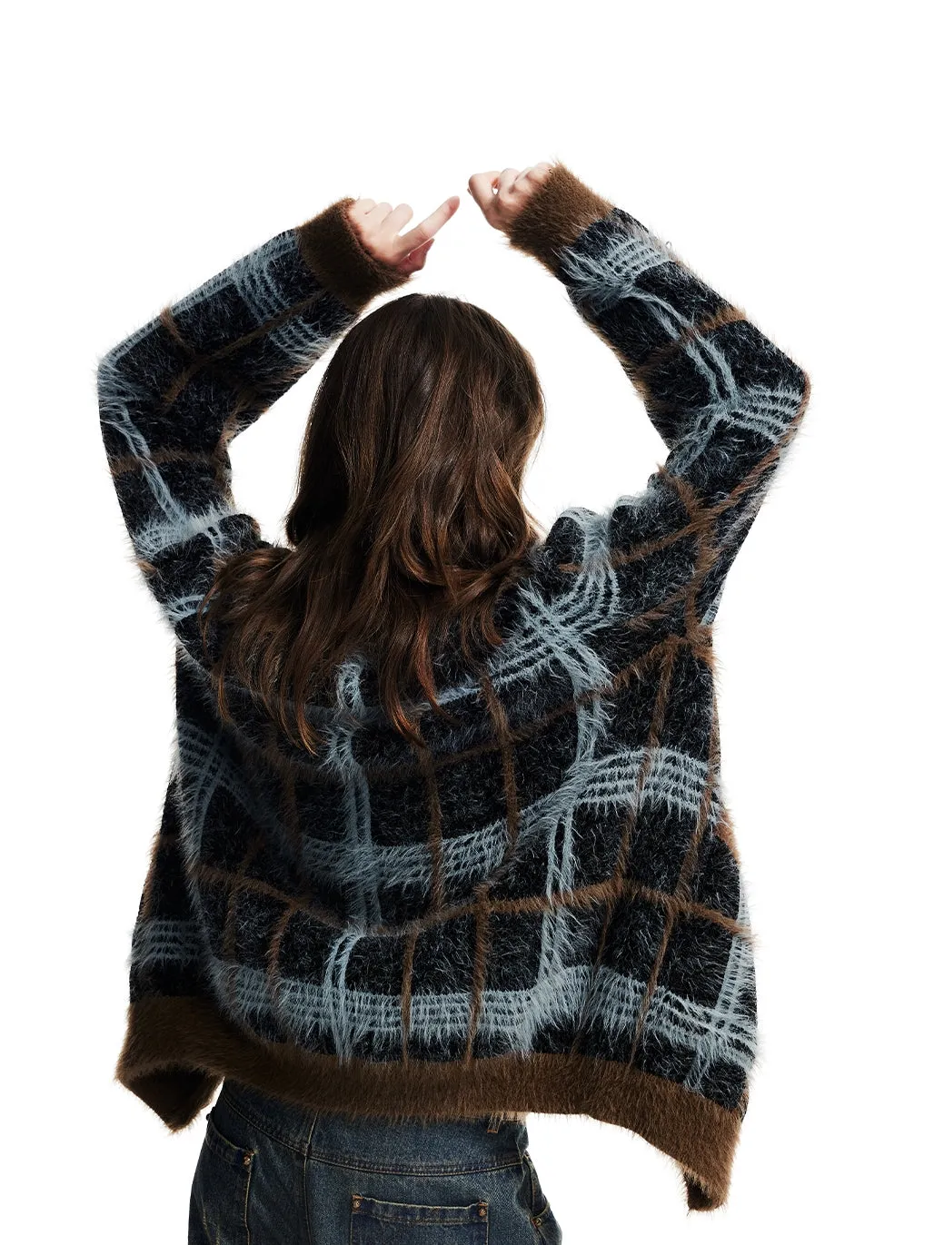 Checked Fluffily Knit Retro Round-Neck Casual Loose Cardigan