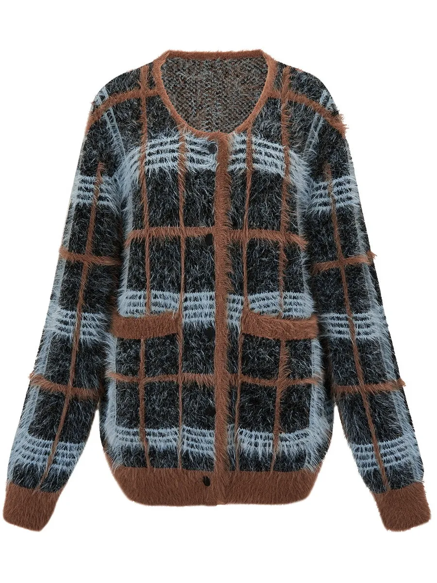 Checked Fluffily Knit Retro Round-Neck Casual Loose Cardigan