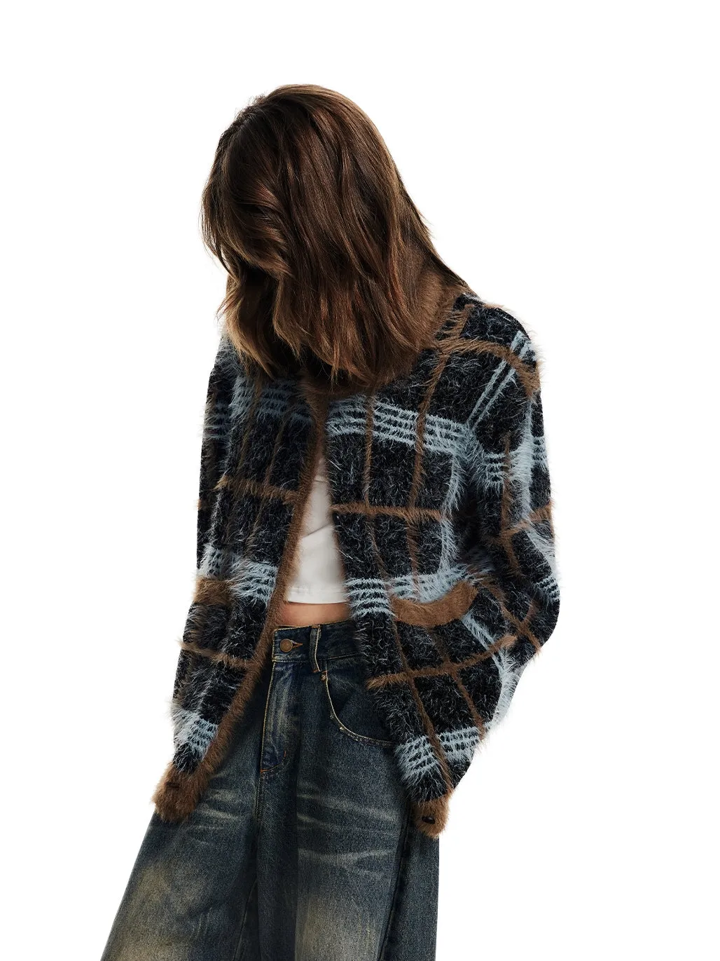 Checked Fluffily Knit Retro Round-Neck Casual Loose Cardigan