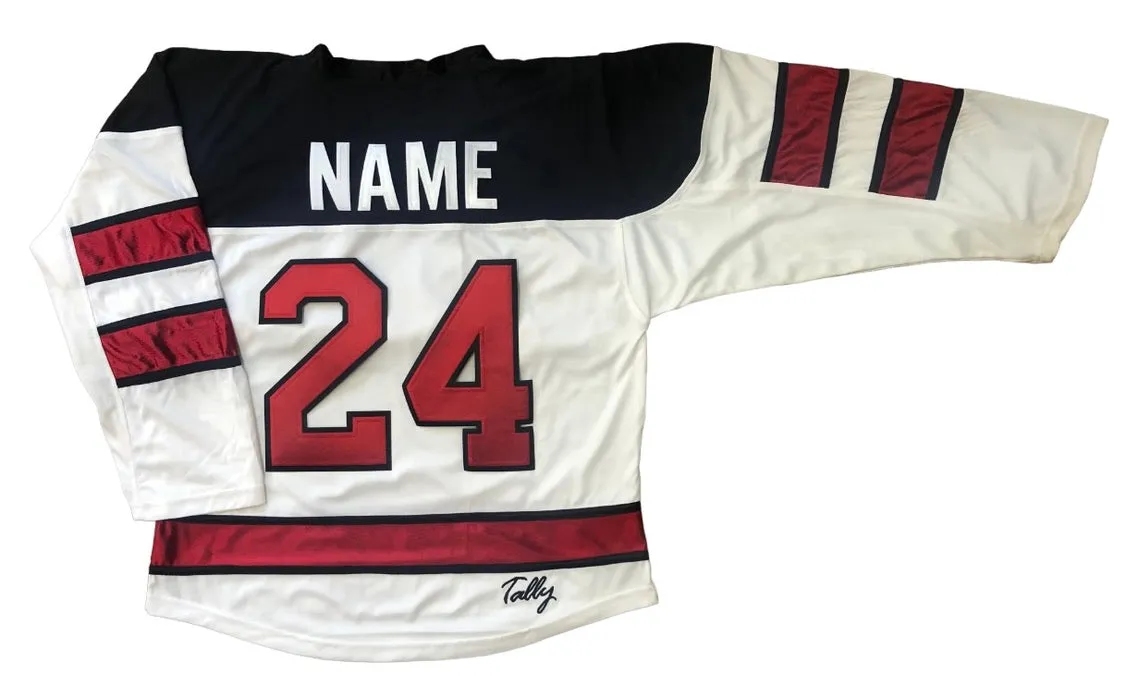 Custom Hockey Jerseys with a Van Halen Embroidered Twill Logo