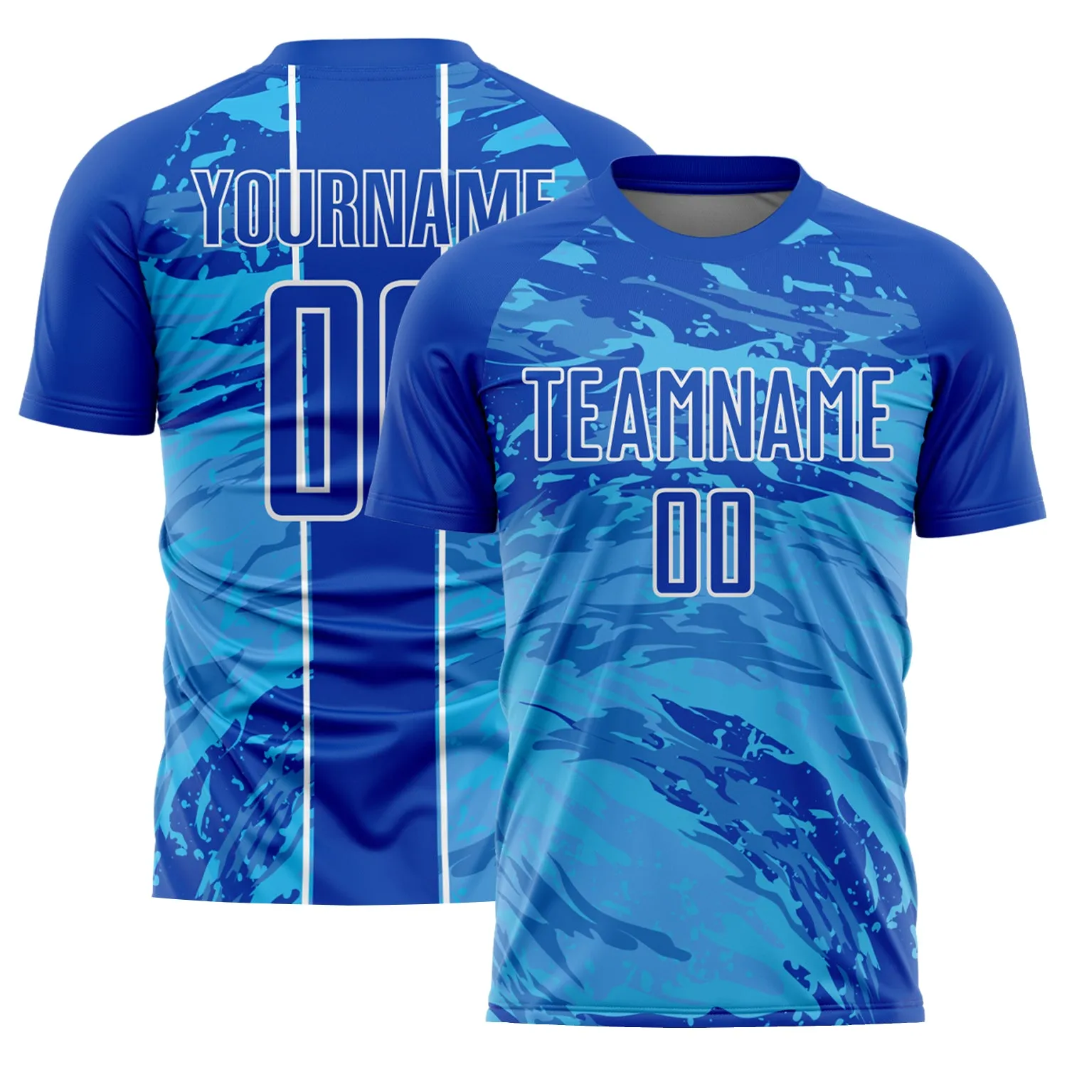 Custom Thunder Blue Sky Blue-White Abstract Fluid Sublimation Soccer Uniform Jersey