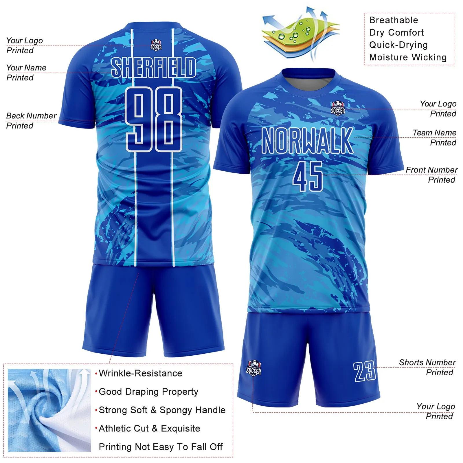 Custom Thunder Blue Sky Blue-White Abstract Fluid Sublimation Soccer Uniform Jersey