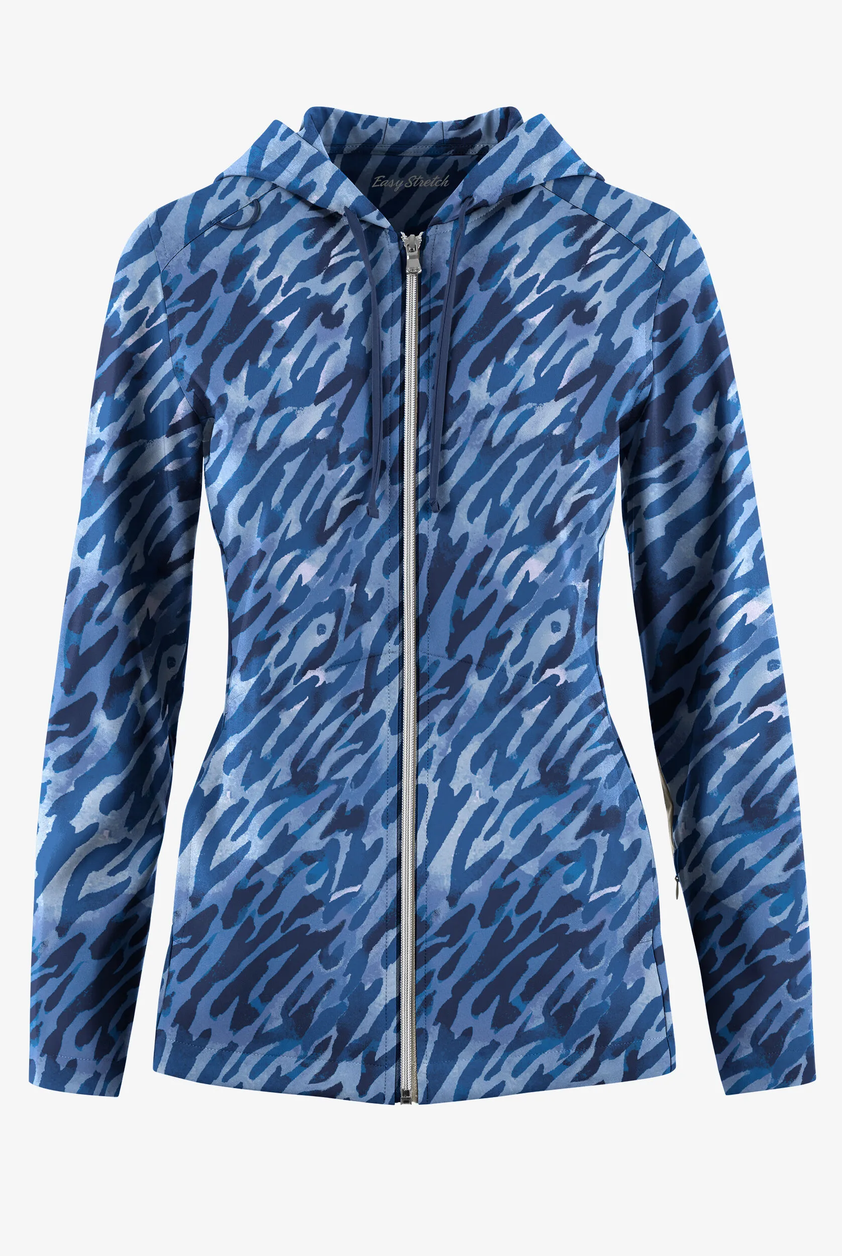 Easy STRETCH Abstract Animal Navy Women's 5-Pocket Zip-Front Print Scrub Hoodie