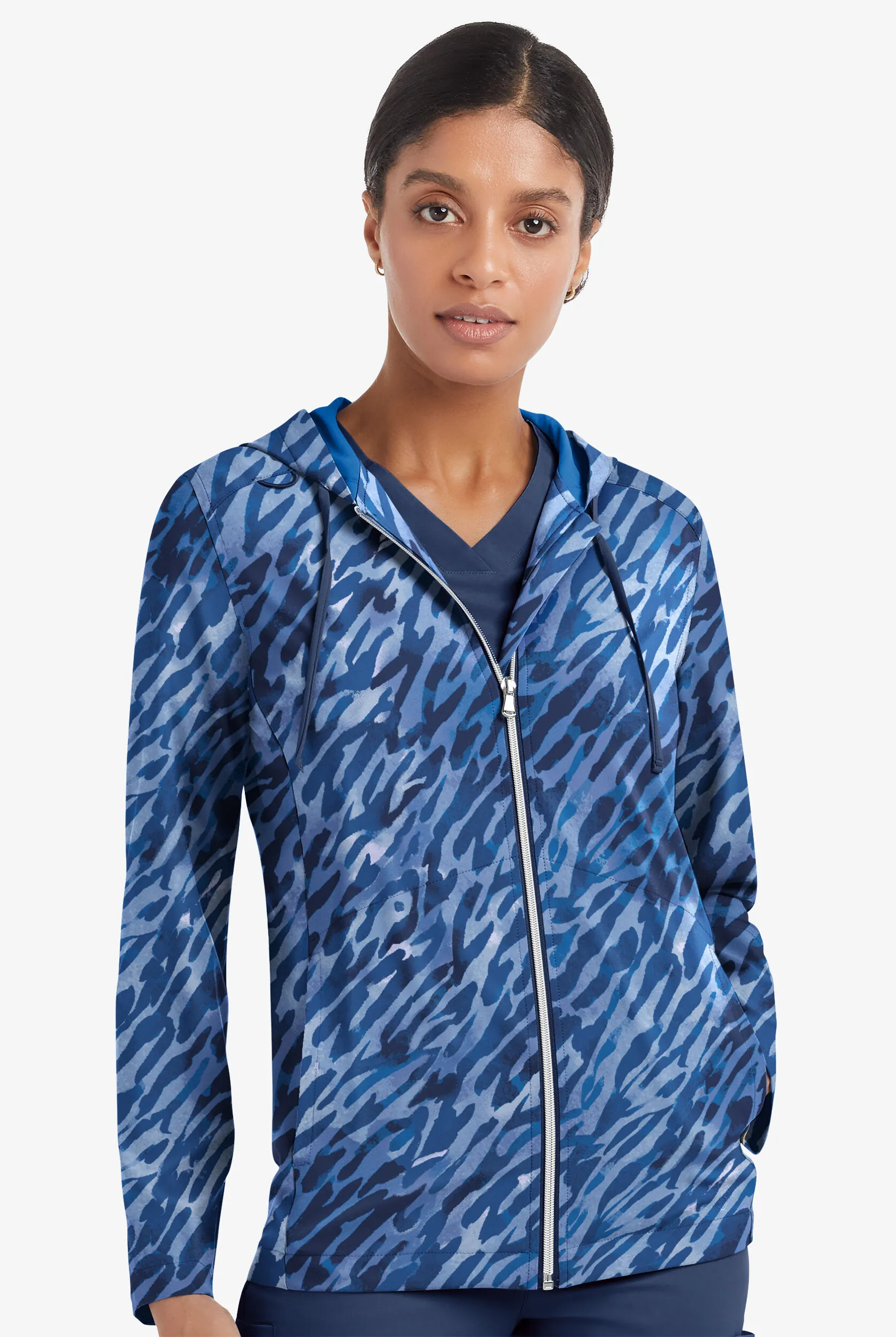 Easy STRETCH Abstract Animal Navy Women's 5-Pocket Zip-Front Print Scrub Hoodie