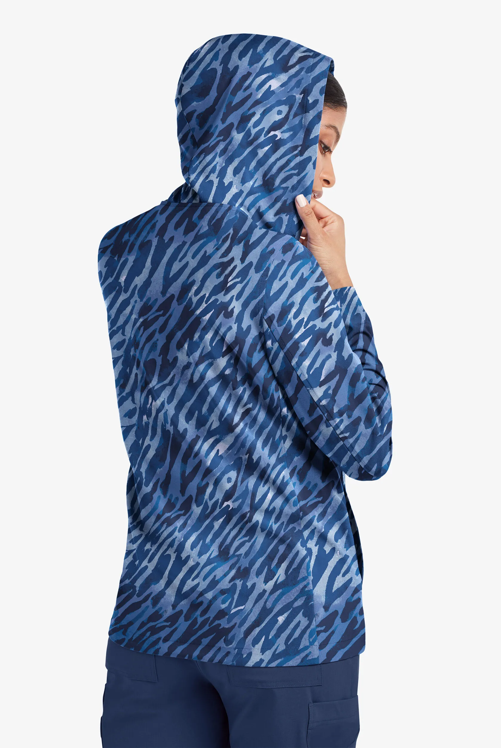 Easy STRETCH Abstract Animal Navy Women's 5-Pocket Zip-Front Print Scrub Hoodie