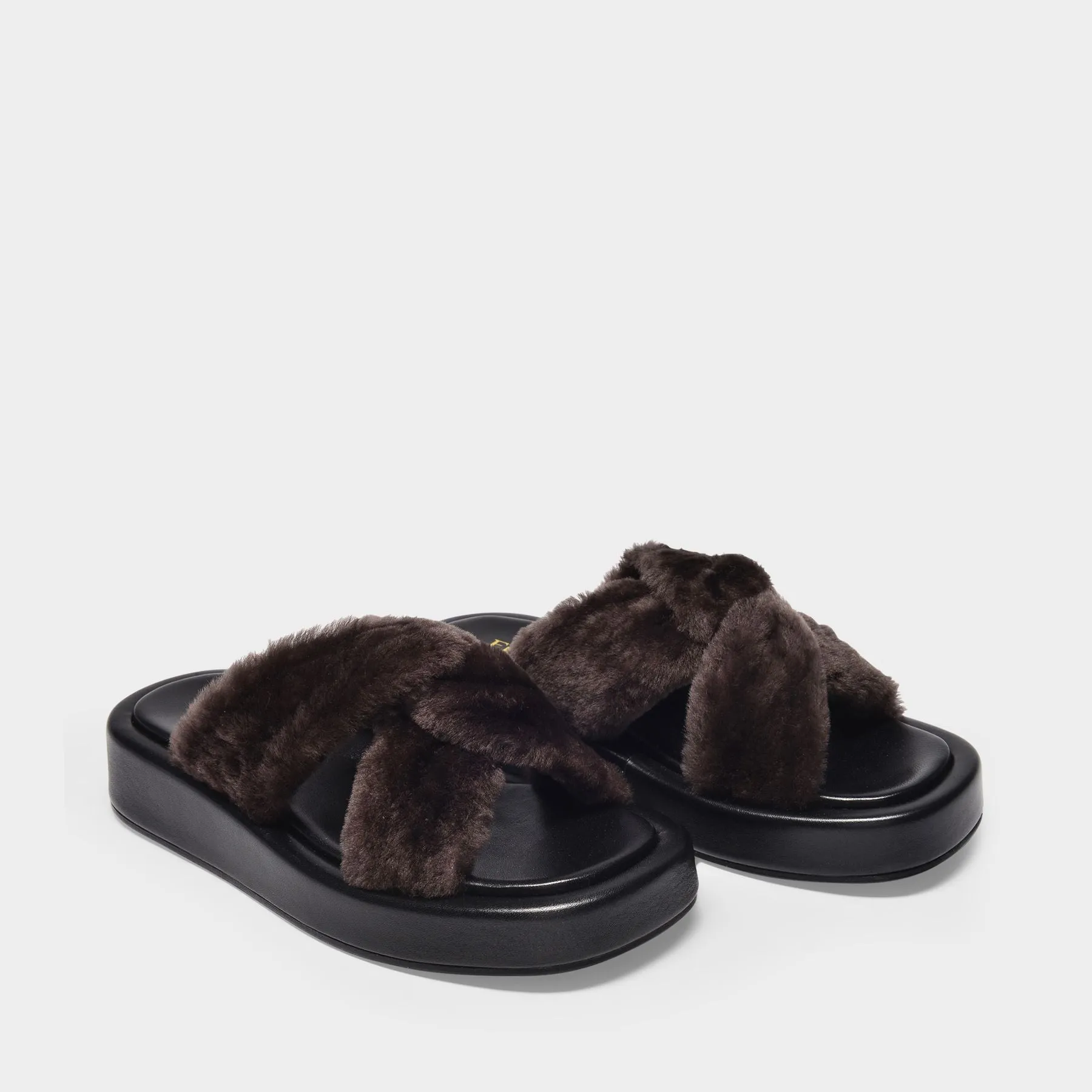 Elleme  Tresse Shearling Platform Sandals in Brown Leather