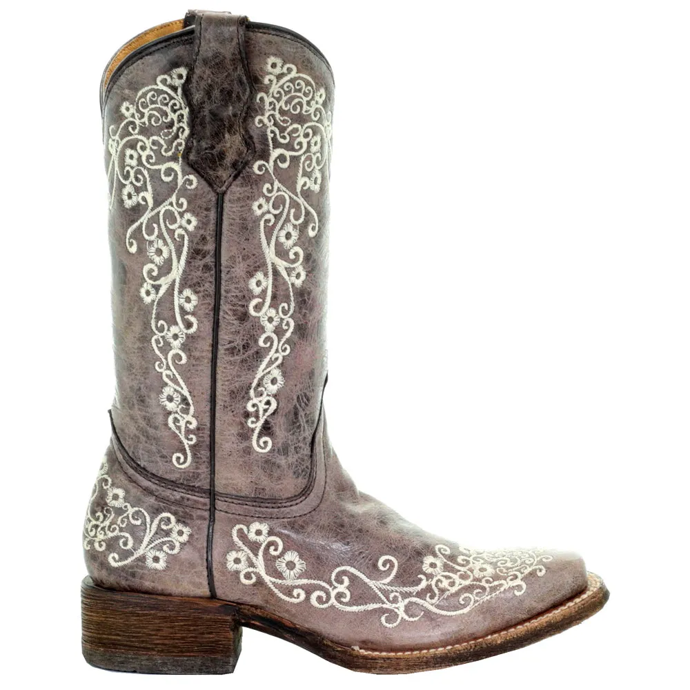 Floral Tooled-Inlay Square Toe Cowboy Boots (Big Kid)