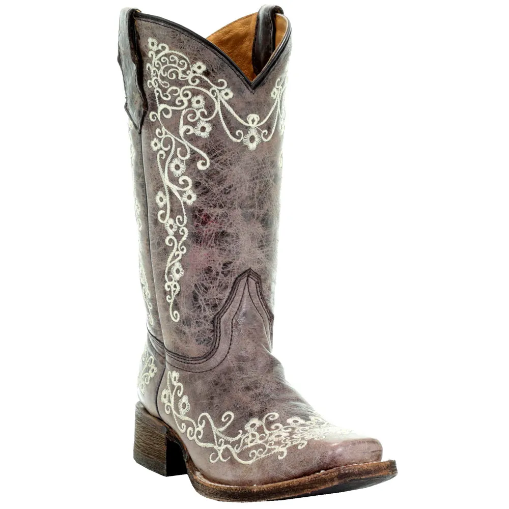 Floral Tooled-Inlay Square Toe Cowboy Boots (Big Kid)