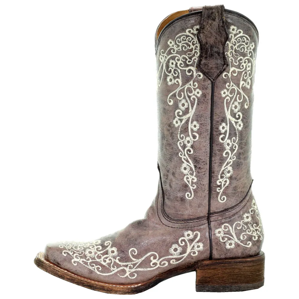 Floral Tooled-Inlay Square Toe Cowboy Boots (Big Kid)