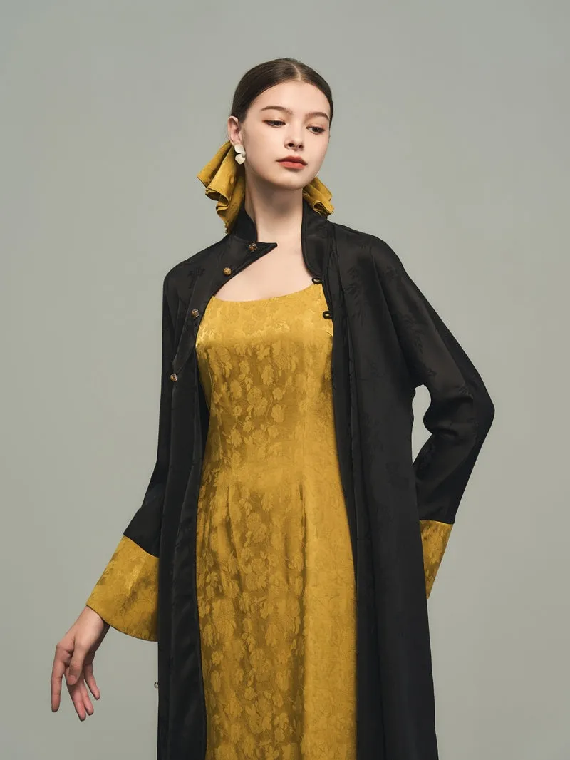 Flower China Embroidery Bi-Color Long Retro One-Piece Long-Cardigan