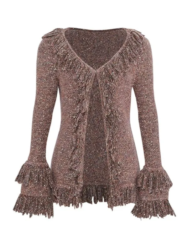 Fringed V-Neck Knitted Cardigan