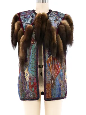 Fur Tail Trimmed Tapestry Vest