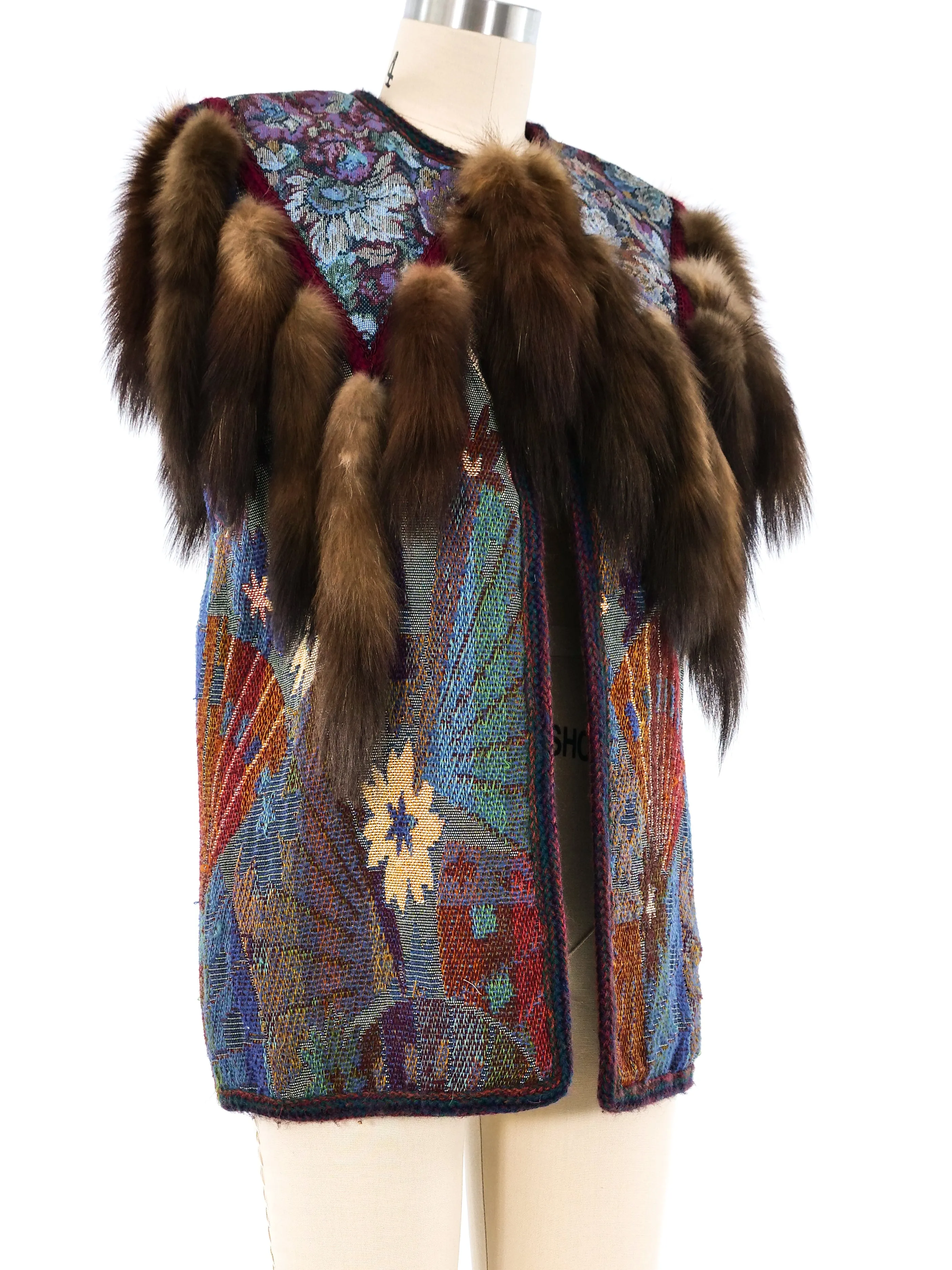 Fur Tail Trimmed Tapestry Vest