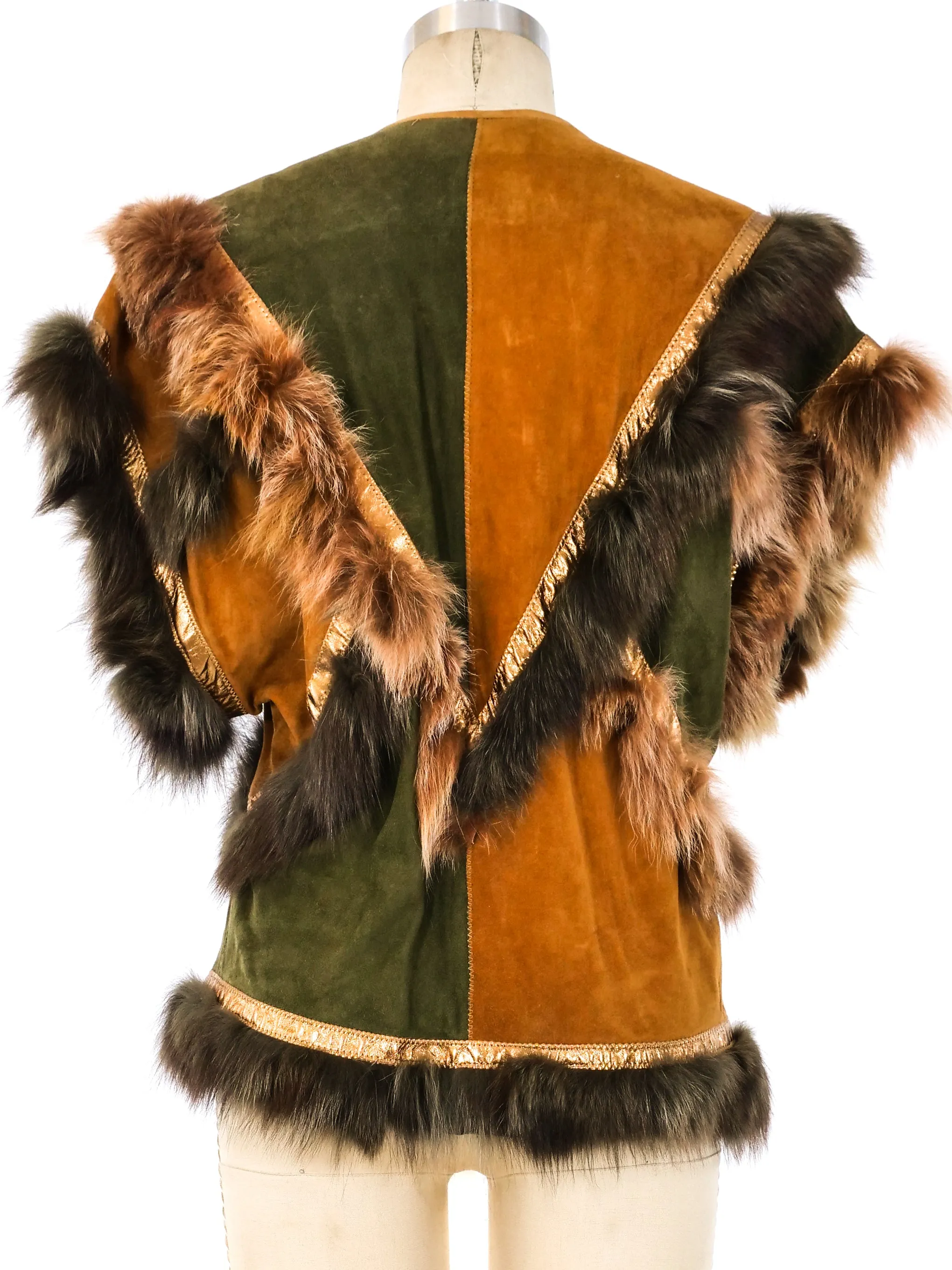 Fur Trimmed Patchwork Suede Vest