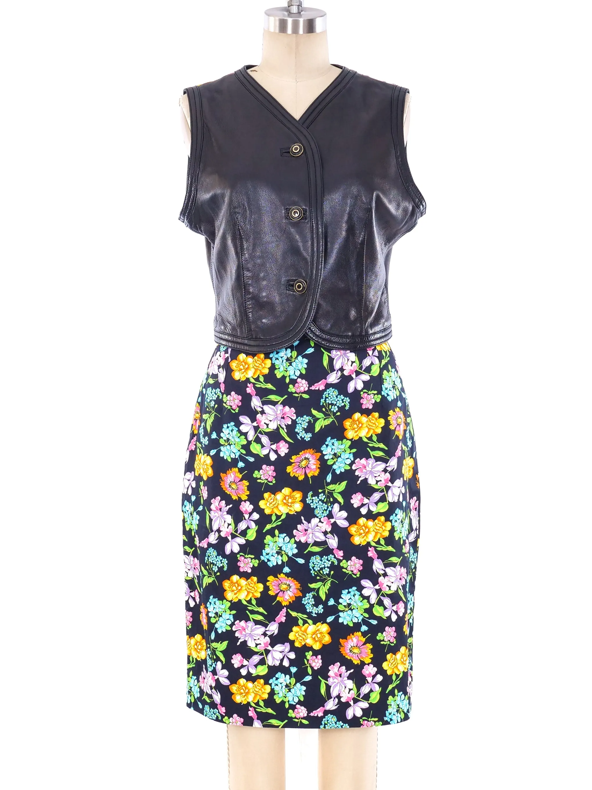 Gianni Versace Floral Printed Leather Vest Ensemble