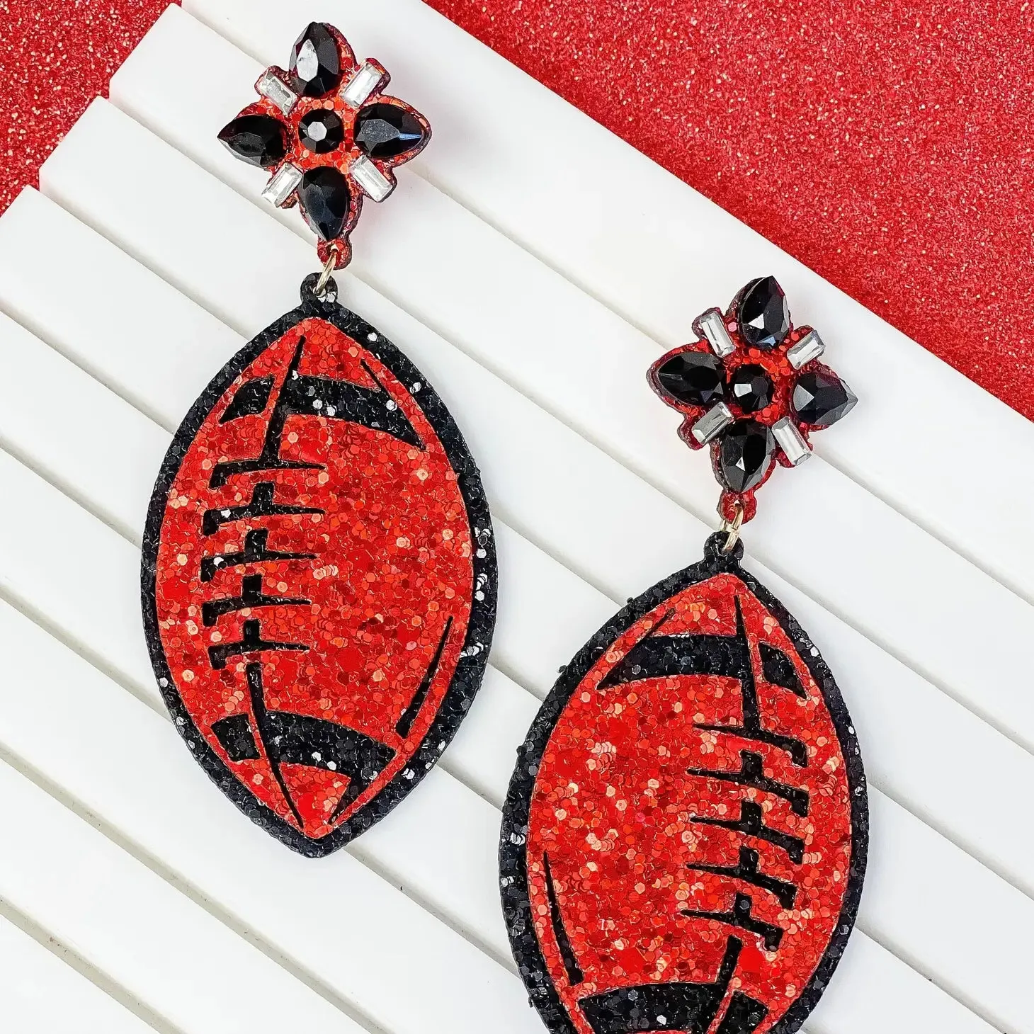 Glitter Football Dangle Earrings Red & Black