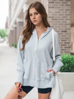 Hoodie For Woman Gray Long Sleeves Buttons Polyester Hooded Sweatshirt