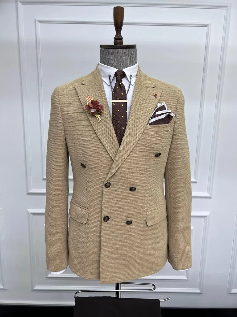 Howard Slim Fit Special Design Double Breasted Beige Jacket