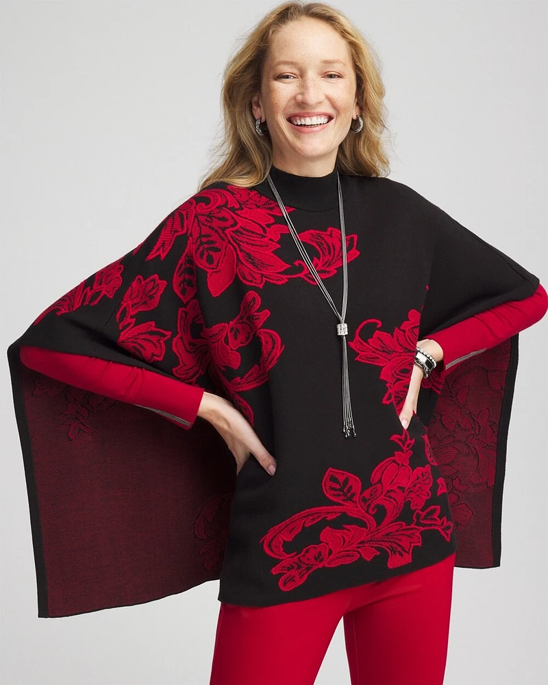 Jacquard Embroidered Mock Neck Poncho