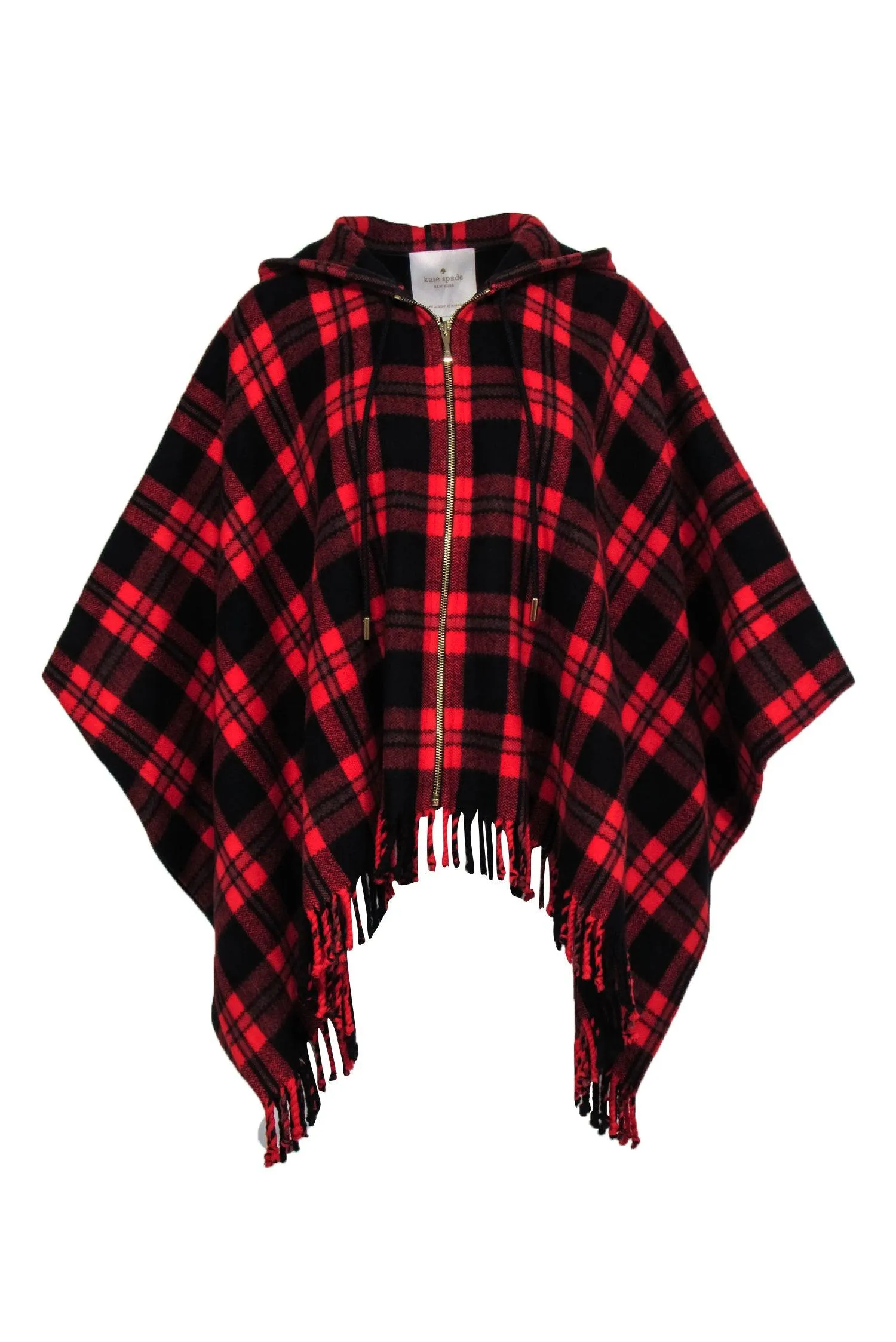 Kate Spade - Red Wool Blend Plaid Hooded Poncho w/ Fringe Sz 0