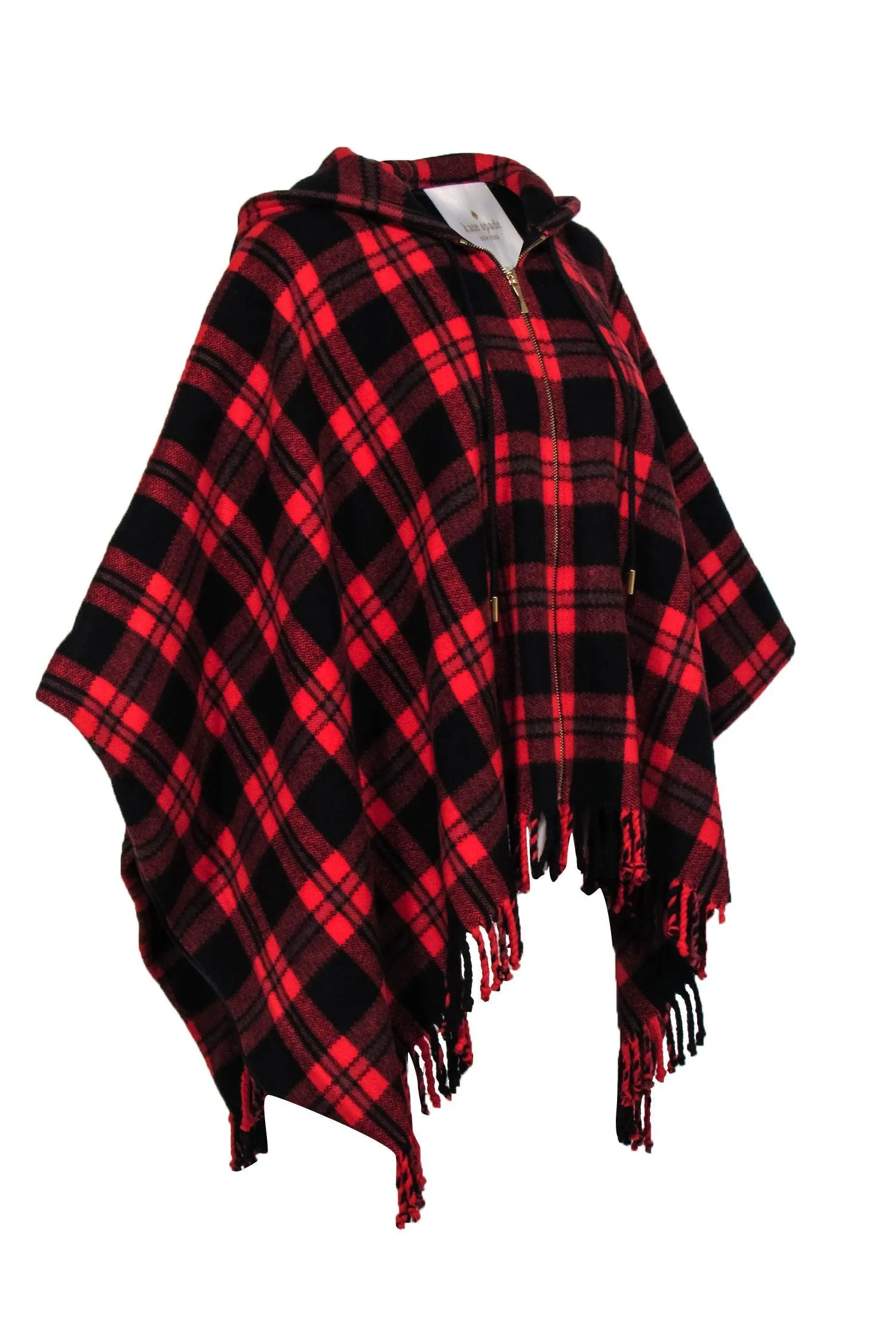 Kate Spade - Red Wool Blend Plaid Hooded Poncho w/ Fringe Sz 0