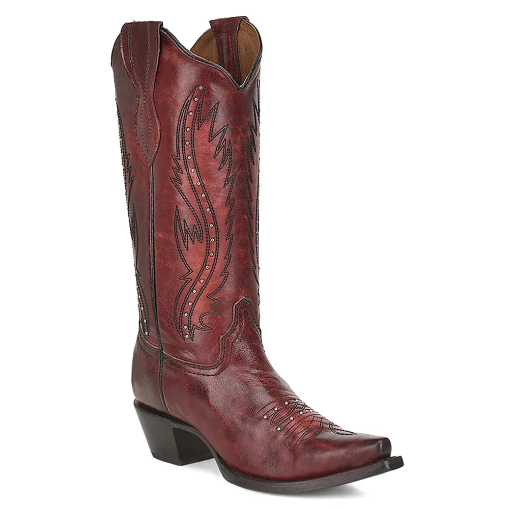 Ld Wine Embroidery & Studs Snip Toe Cowboy Boots