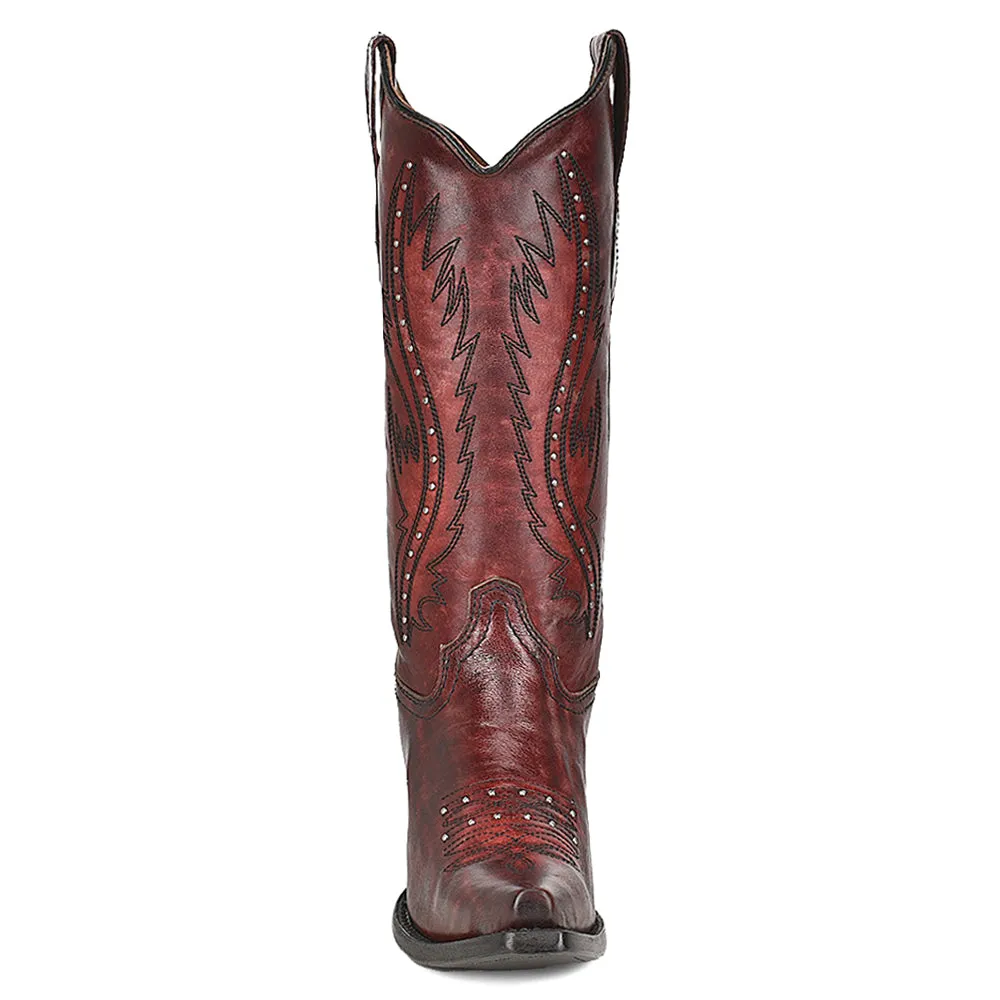 Ld Wine Embroidery & Studs Snip Toe Cowboy Boots