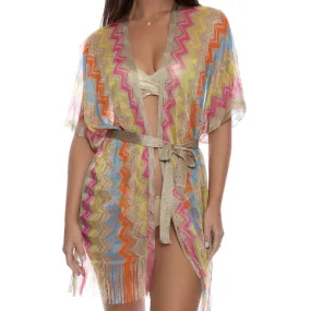 LULI FAMA OPEN FRONT TIE SHORT PONCHO IN MULTICOLOR