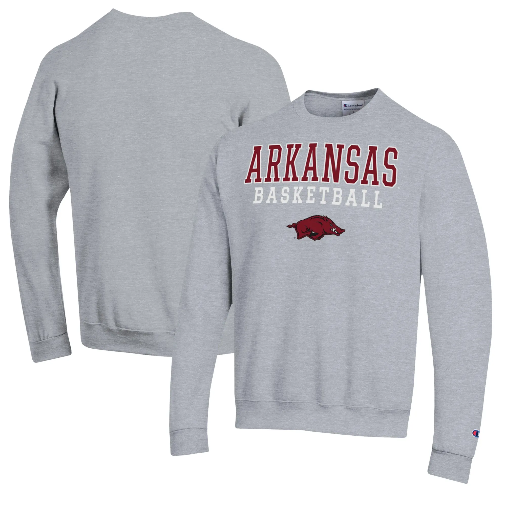 Men's Champion Heather Gray Arkansas Razorbacks Basketball Stack Pullover Crewneck Sweatshirt