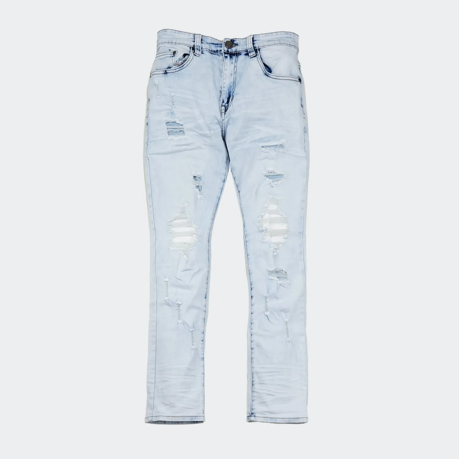 Men's Platform 100 Distressed with Leather Jeans Bleach