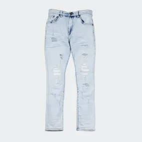 Men's Platform 100 Distressed with Leather Jeans Bleach