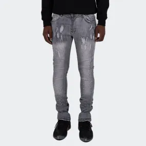 Men's TWO MILL TWENTY Armitage Slim Skinny Scratched Frosted Acid Wash Urban Streetstyle Designer Denim Jeans Grey Frost